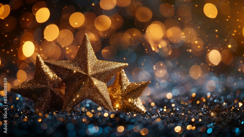 Shimmering Golden Stars on Sparkling Background with Bokeh Lights Shimmering Golden Stars on Sparkling Background with Bokeh Lights