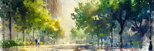 A painting of a park with trees and people walking on a path