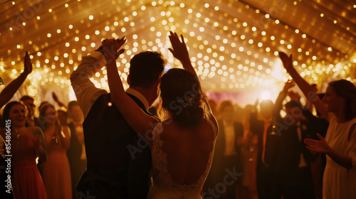 Bride and groom dancing under fairy lights with wedding guests celebrating indoors in a beautifully lit reception hall.