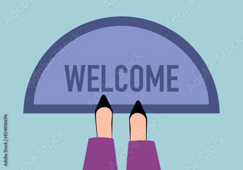 Woman legs with welcome doormat in flat design.