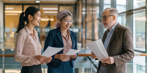 Executives planning strategy, fostering teamwork and cooperation in a corporate meeting, discussing successful business projects.