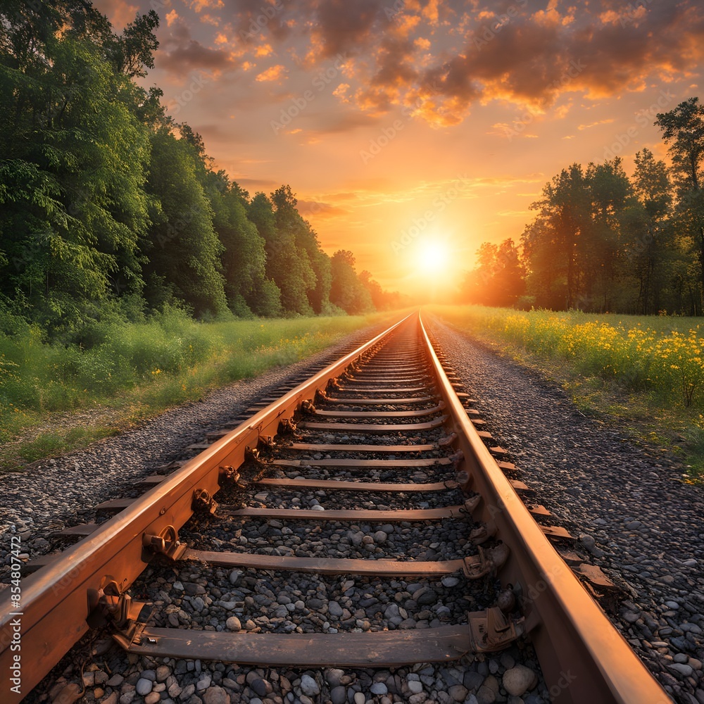 Fototapeta premium Railway in the sunset against background of beautiful nature. Generative AI