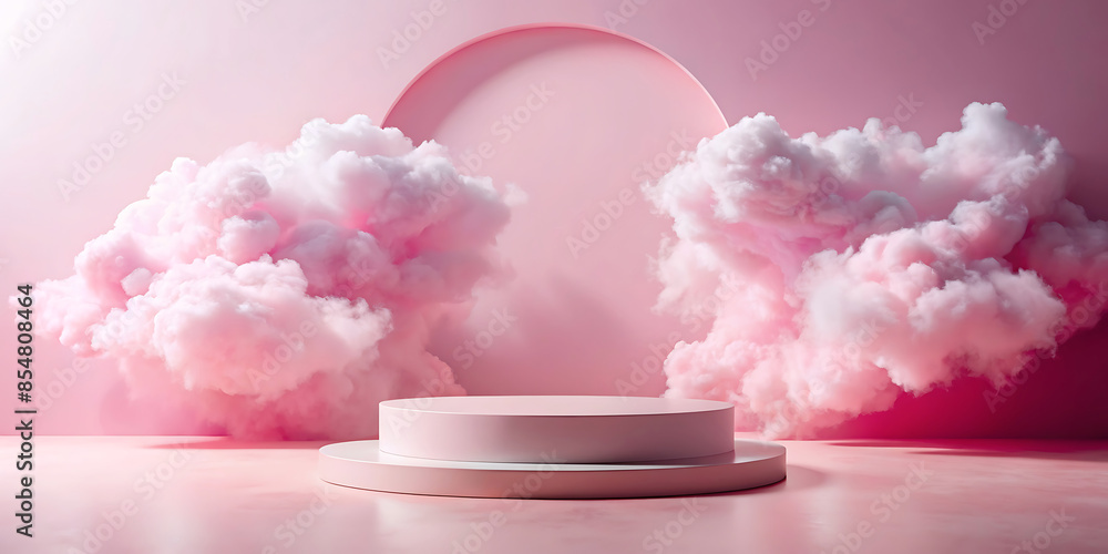 Blue background with a product podium surrounded by pink clouds. Smoke, fog, steam background. Blue background with a product podium surrounded by pink clouds. Smoke, fog, steam background.