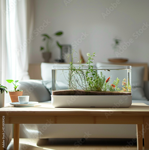 A rectangular big fish tank on a light-coloured wooden table in a bright minimalist living room