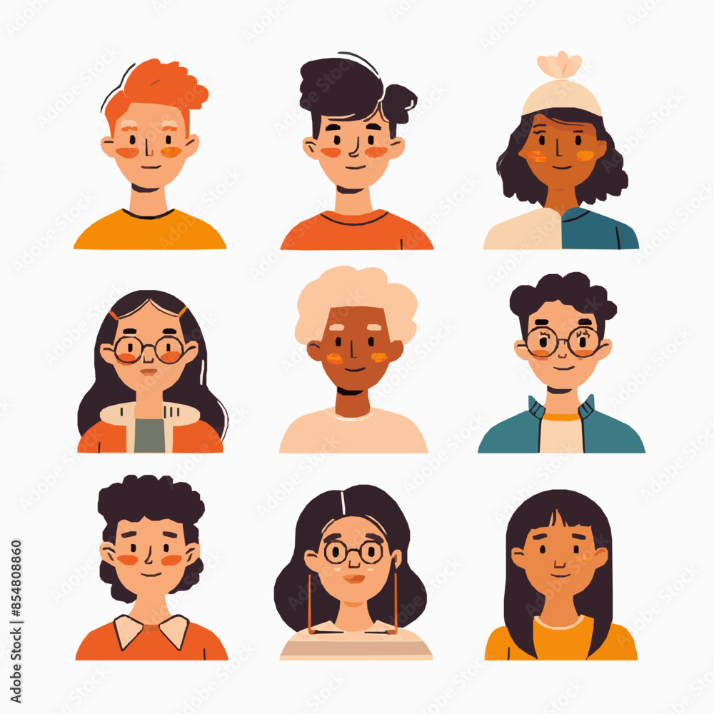 set of simple portrait icons, flat vector illustrations with outlines and color fills, front views, people from different ages, a diverse group of young men/women without glasses, older women/teenage set of simple portrait icons, flat vector illustrations with outlines and color fills, front views, people from different ages, a diverse group of young men/women without glasses, older women/teenage