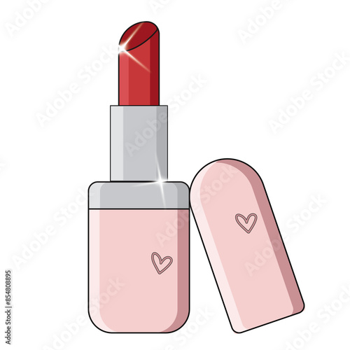 Red Lipstick in pink Tube. Classic Makeup Icon. Red lipstick isoleted on white background. Make-up ilustration. lipstick with a pink tube with hearts	