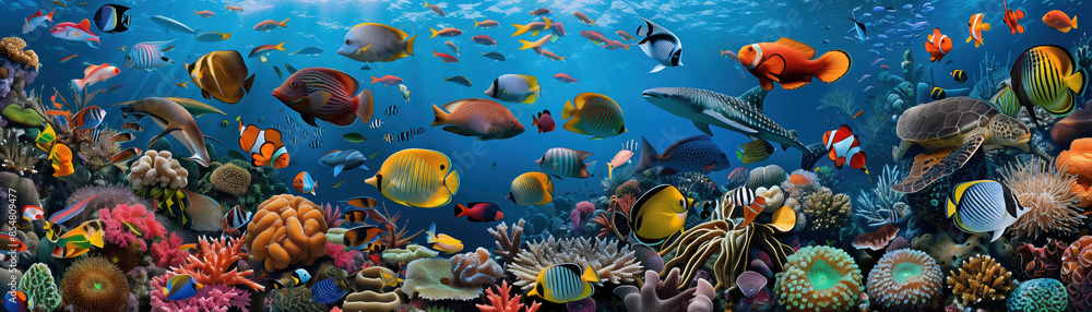 Naklejka premium Vibrant Coral Reef with Diverse Marine Life