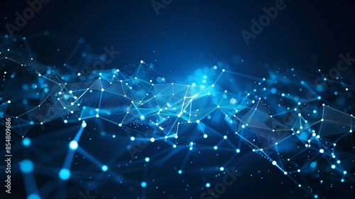 Abstract blue background with white dots connected in the form of low poly network. © Ailee Tian