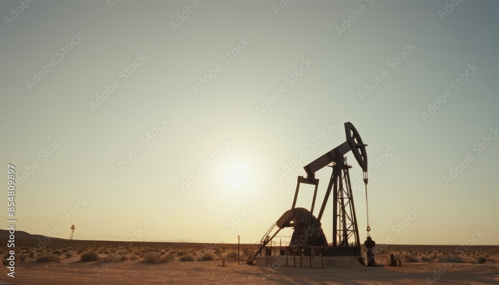 A single oil pumpjack in a wide-open desert, bathed in sunlight, representing industrial activity in a remote region A single oil pumpjack in a wide-open desert, bathed in sunlight, representing industrial activity in a remote region