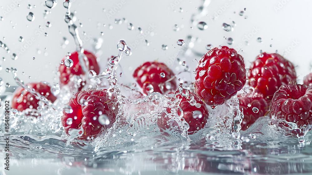Ripe red raspberries in a splash of water close-up, dynamic image Ripe red raspberries in a splash of water close-up, dynamic image