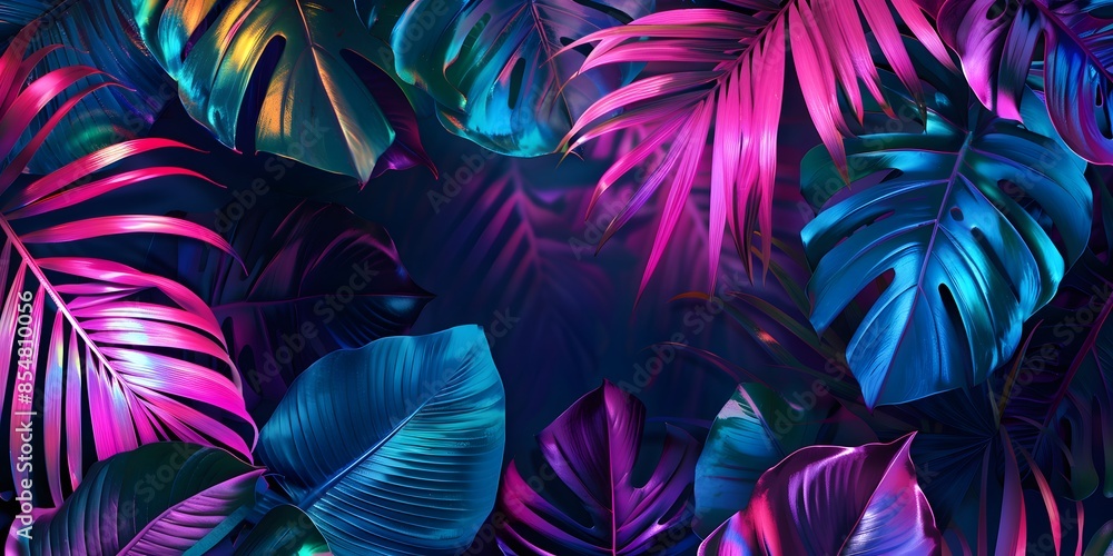 Tropische neonfarbene Palmenblätter auf dunklem Hintergrund. Tropische neonfarbene Palmenblätter auf dunklem Hintergrund.