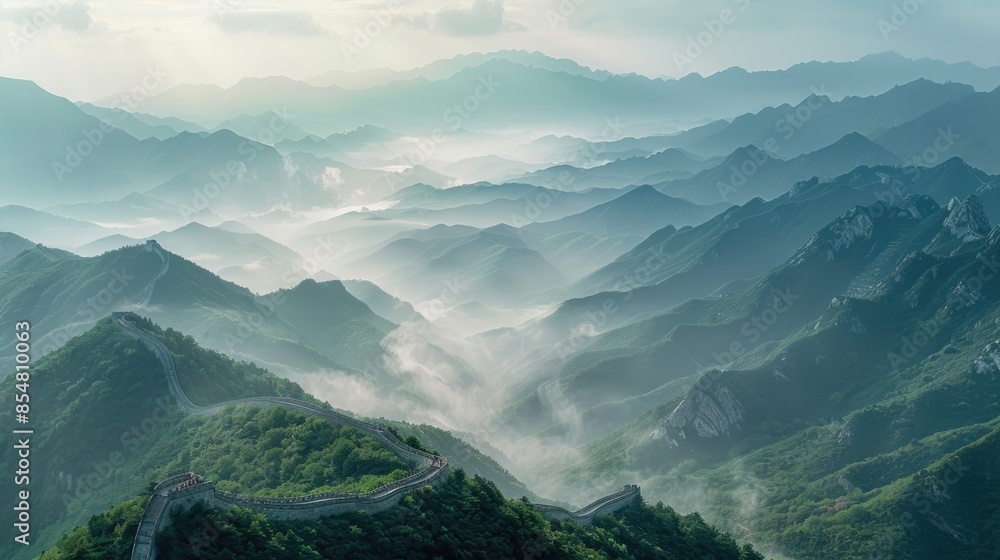 Majestic Great Wall of China Meandering Through Mountainous Landscape with Enchanting Mist - Ancient and Serene Beauty Majestic Great Wall of China Meandering Through Mountainous Landscape with Enchanting Mist - Ancient and Serene Beauty