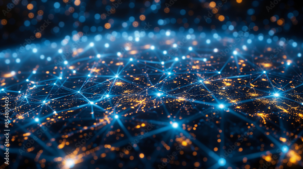 Obraz premium A glowing network of interconnected points with blue lines and orange lights, resembling a digital web