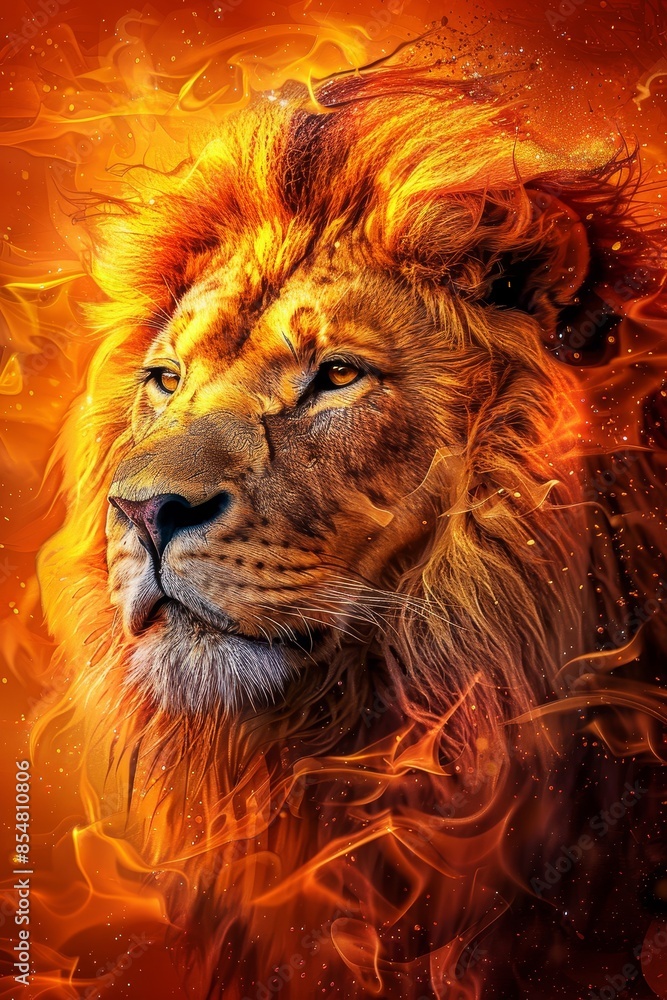 Fiery Ember Lion Portrait in Dramatic Digital Art Style Fiery Ember Lion Portrait in Dramatic Digital Art Style