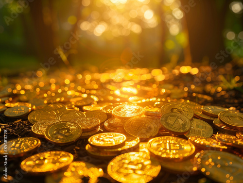 Golden coins scattered with a warm backlight 