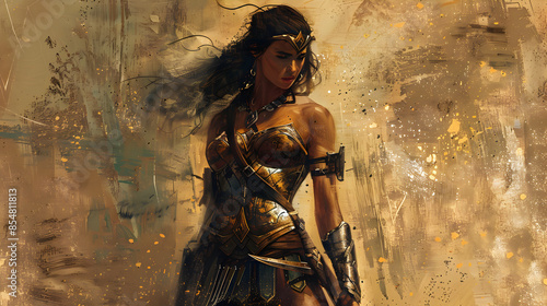 Illustration of a female Amazon warrior in mythical armor.


