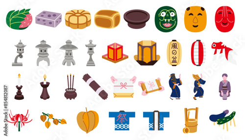 Icons of Traditional Japanese festival elements in flat style