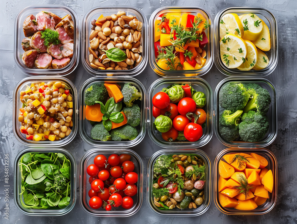 Meal prep containers filled with healthy lunches Meal prep containers filled with healthy lunches