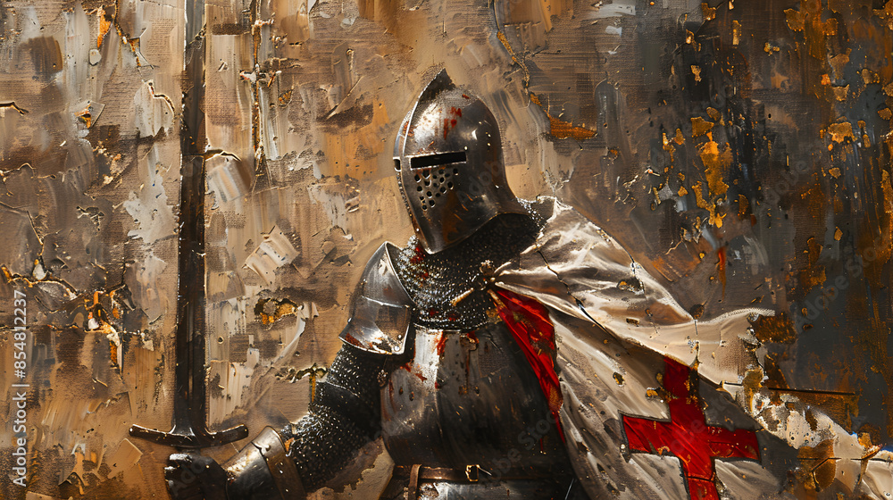 Painting of a medieval Crusader knight with a red cross emblem.


