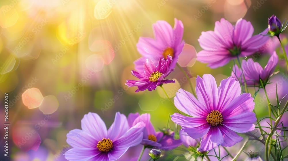 Purple flowers blooming in sunlight with a blurred background ideal for postcards and festive arrangements Purple flowers blooming in sunlight with a blurred background ideal for postcards and festive arrangements