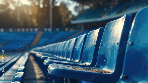 Close-up of blue plastic stadium seats, illuminated by warm sunset light in an empty stadium, creating a tranquil atmosphere. photo