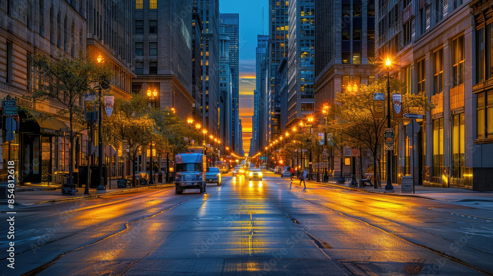 A quiet street in Chicago at dusk, with tall buildings lining the sides and the setting sun casting a warm glow on the wet pavement A quiet street in Chicago at dusk, with tall buildings lining the sides and the setting sun casting a warm glow on the wet pavement