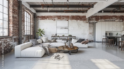 A modern industrial warehouse-inspired lounge design with a white canvas backdrop, Featuring exposed brick walls and minimalist industrial furnishings, Industrial warehouse chic style © Hypat