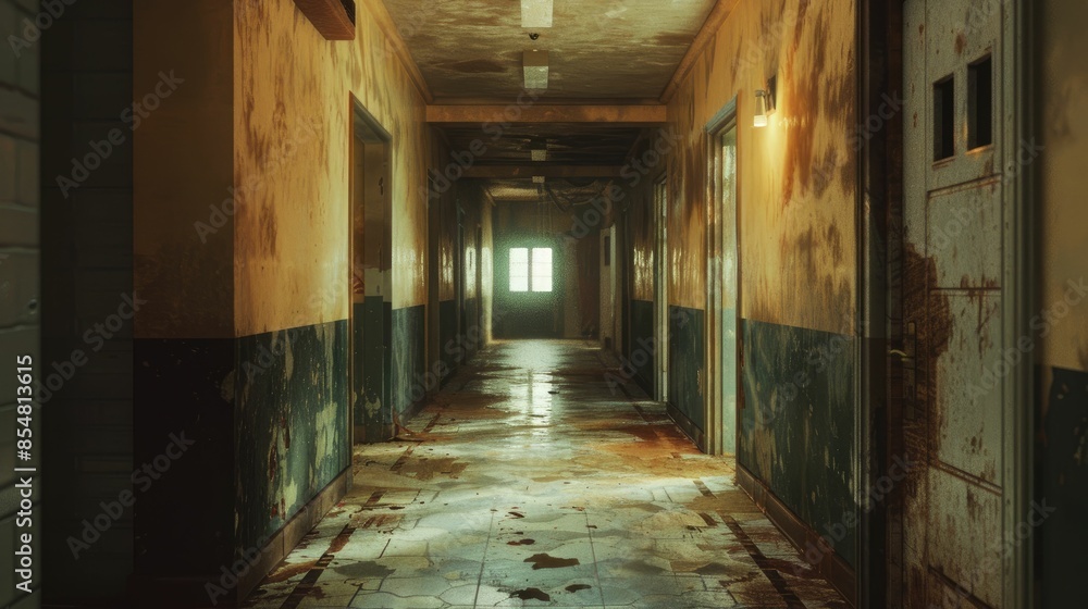 A dark, eerie corridor in an abandoned building with decayed walls and floors, illuminated by dim light. A dark, eerie corridor in an abandoned building with decayed walls and floors, illuminated by dim light.