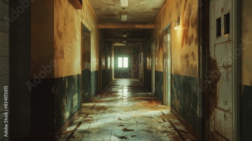 A dark, eerie corridor in an abandoned building with decayed walls and floors, illuminated by dim light.