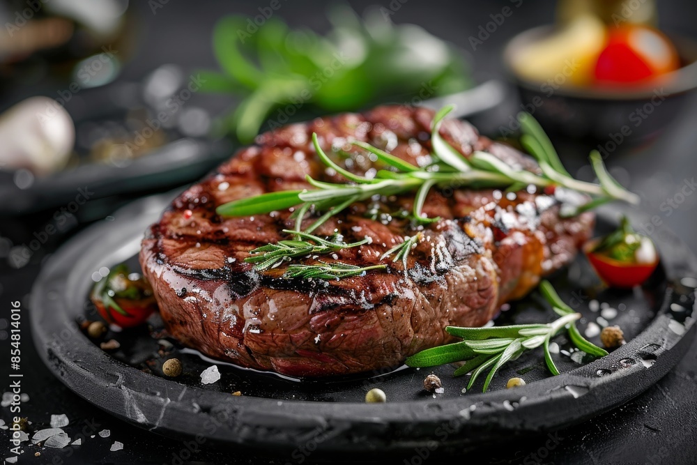 Succulent Grilled Beef Steak with Perfect Sear Marks - Rustic Plate, Dark Elegant Backdrop Succulent Grilled Beef Steak with Perfect Sear Marks - Rustic Plate, Dark Elegant Backdrop