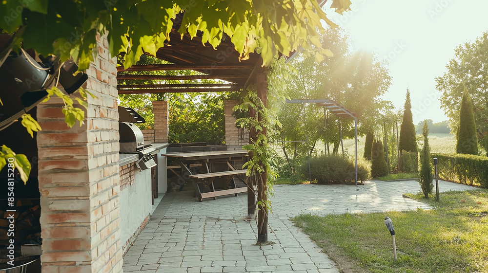 Obraz premium Landscaped patio with barbecue, beautiful backyard on a sunny day