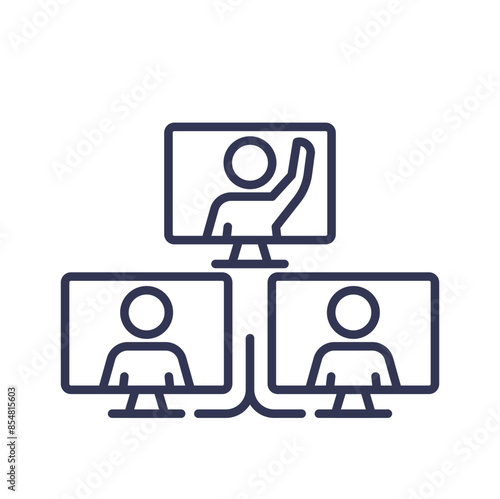 Illustration of three people in a virtual meeting on separate screens.