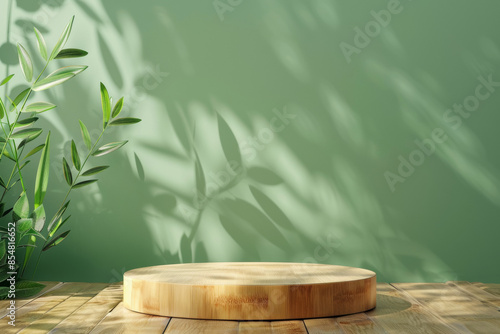 Natural bamboo product display podium on a serene green background: Fresh and eco-friendly, ideal for organic skincare or wellness products, the bamboo podium and green background evoke a sense of