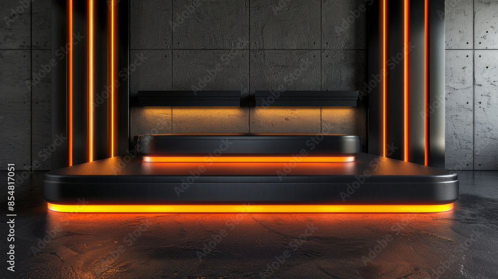 Obraz premium Polished black metal with reflective orange highlights: Industrial and dynamic, great for tech showcases or modern product displays, the black metal and orange highlights create a powerful and sleek