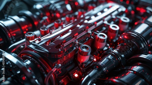 Futuristic Engine with Red Neon Lighting Highlighting Metallic Structures