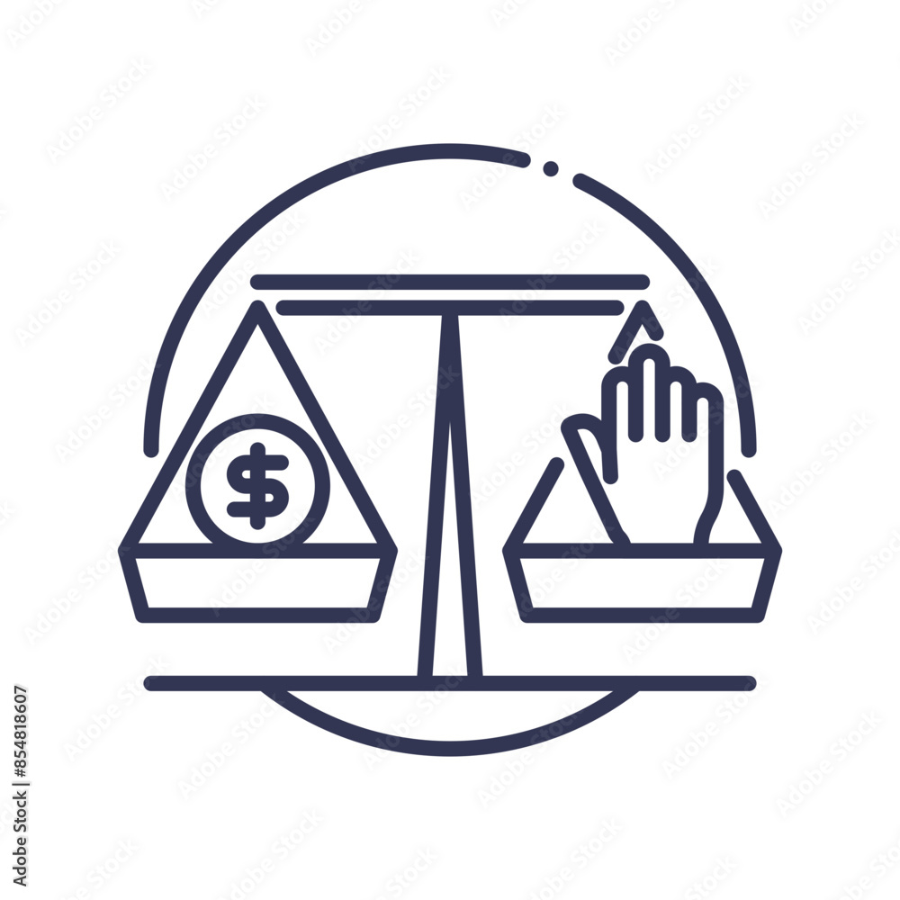 A balanced scale with a dollar sign on one side and a hand on the other, symbolizing fair trade. A balanced scale with a dollar sign on one side and a hand on the other, symbolizing fair trade.