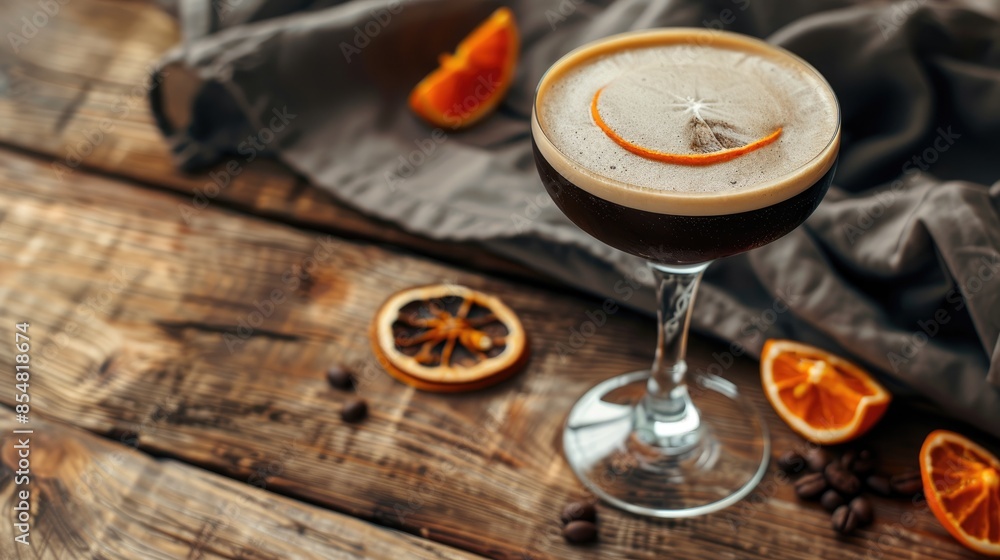 dark coffee cocktail adorned with dried orange slices, draped with fabric, against a white wooden background, perfect for showcasing its sophistication and inviting appeal.