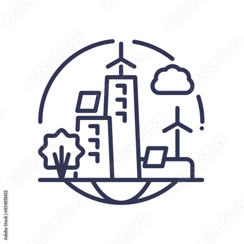 Line art of eco-friendly buildings with wind turbines and trees.