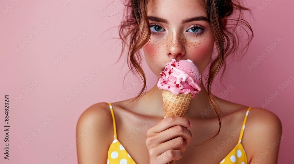 Model posing with Ice Cream: Brunette woman in a yellow polka dot dress, holding her ice cream cone playfully to her lips, with a clean, isolated light pink background. Model posing with Ice Cream: Brunette woman in a yellow polka dot dress, holding her ice cream cone playfully to her lips, with a clean, isolated light pink background.