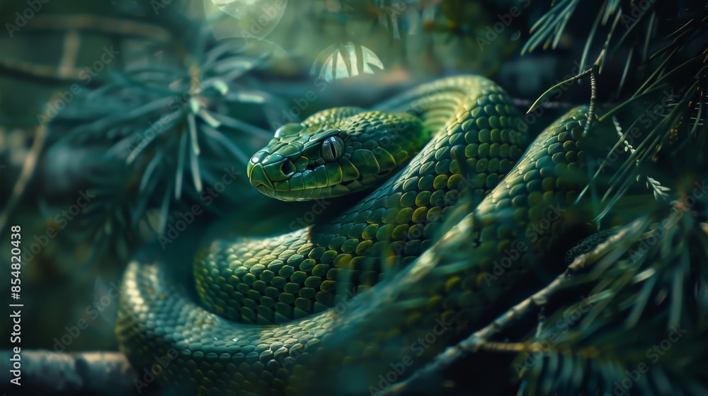 Fototapeta premium Majestic Green Snake in Forest - Generative AI