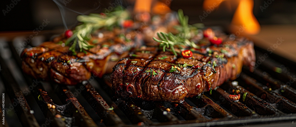 whole steak cooking on grill with wine burning. whole steak cooking on grill with wine burning.