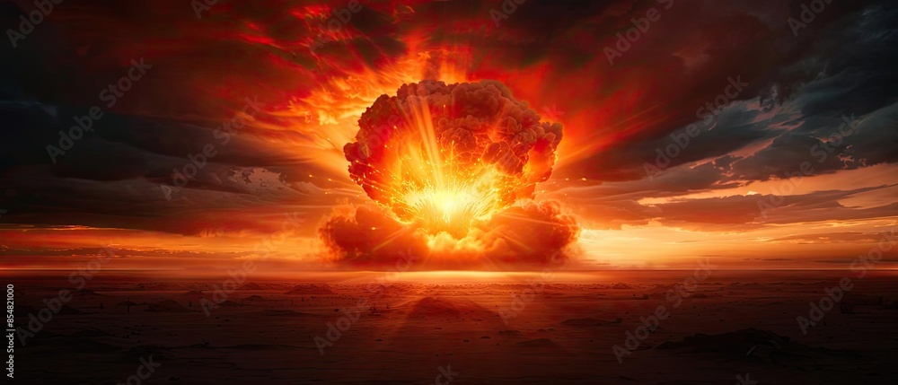 A dramatic explosion with intense orange and red flames illuminating the dark sky at sunset, capturing a powerful and dynamic moment. A dramatic explosion with intense orange and red flames illuminating the dark sky at sunset, capturing a powerful and dynamic moment.