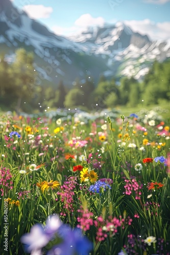 A tranquil meadow awash with wildflowers bloom. Mount nature background. Wildflowers dance in meadow's embrace.