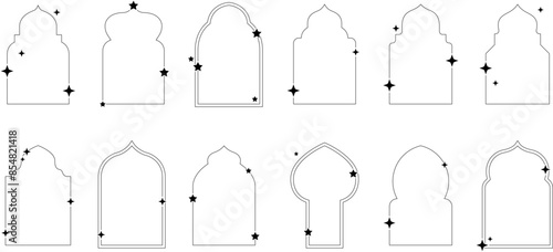 Frames collection with different stars. Minimalistic linear frames, arches, elements, geometric shapes and lines. Arch frame with sparkles Frames for poster design, vector illustration in modern style