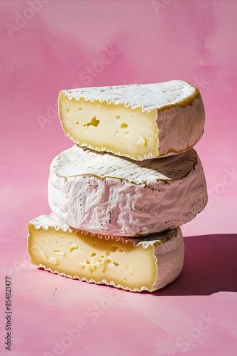 A stack of cheese on a pink background. photo