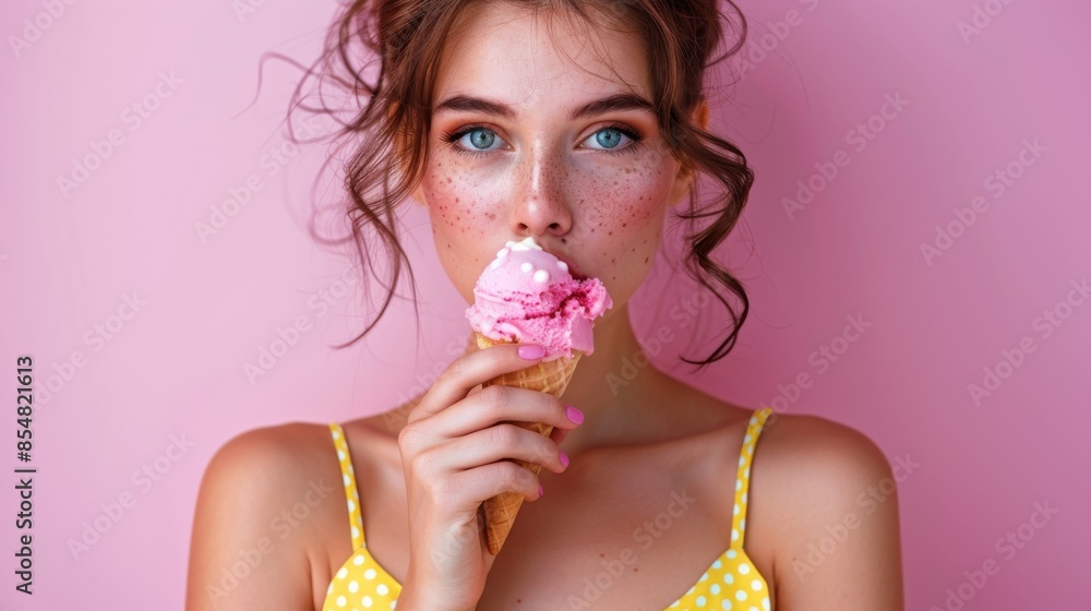 Model posing with Ice Cream: Brunette woman in a yellow polka dot dress, holding her ice cream cone playfully to her lips, with a clean, isolated light pink background. Model posing with Ice Cream: Brunette woman in a yellow polka dot dress, holding her ice cream cone playfully to her lips, with a clean, isolated light pink background.