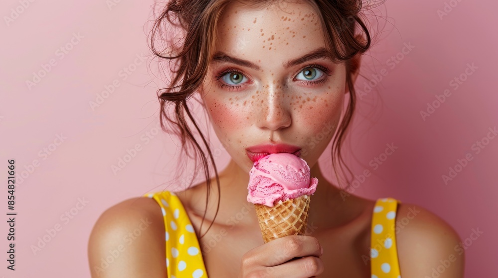 Model posing with Ice Cream: Brunette woman in a yellow polka dot dress, holding her ice cream cone playfully to her lips, with a clean, isolated light pink background. Model posing with Ice Cream: Brunette woman in a yellow polka dot dress, holding her ice cream cone playfully to her lips, with a clean, isolated light pink background.