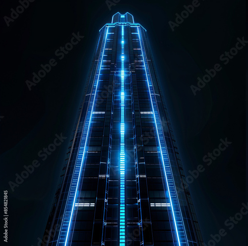  modern, future, futuristic skyscraper with neon blue lights on the top, on a black background, front view photo