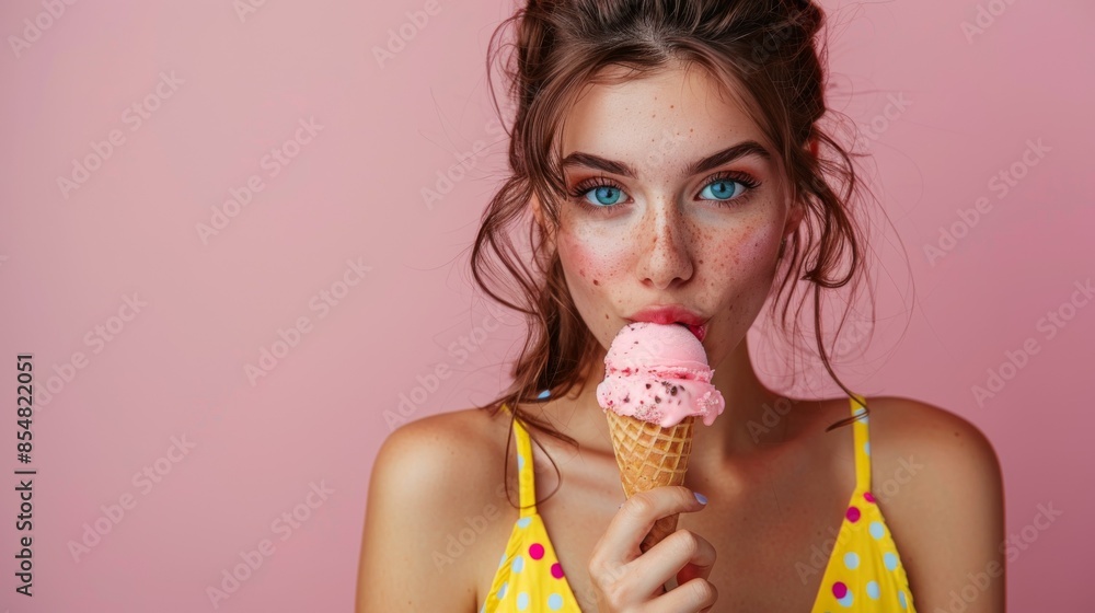 Model posing with Ice Cream: Brunette woman in a yellow polka dot dress, holding her ice cream cone playfully to her lips, with a clean, isolated light pink background. Model posing with Ice Cream: Brunette woman in a yellow polka dot dress, holding her ice cream cone playfully to her lips, with a clean, isolated light pink background.