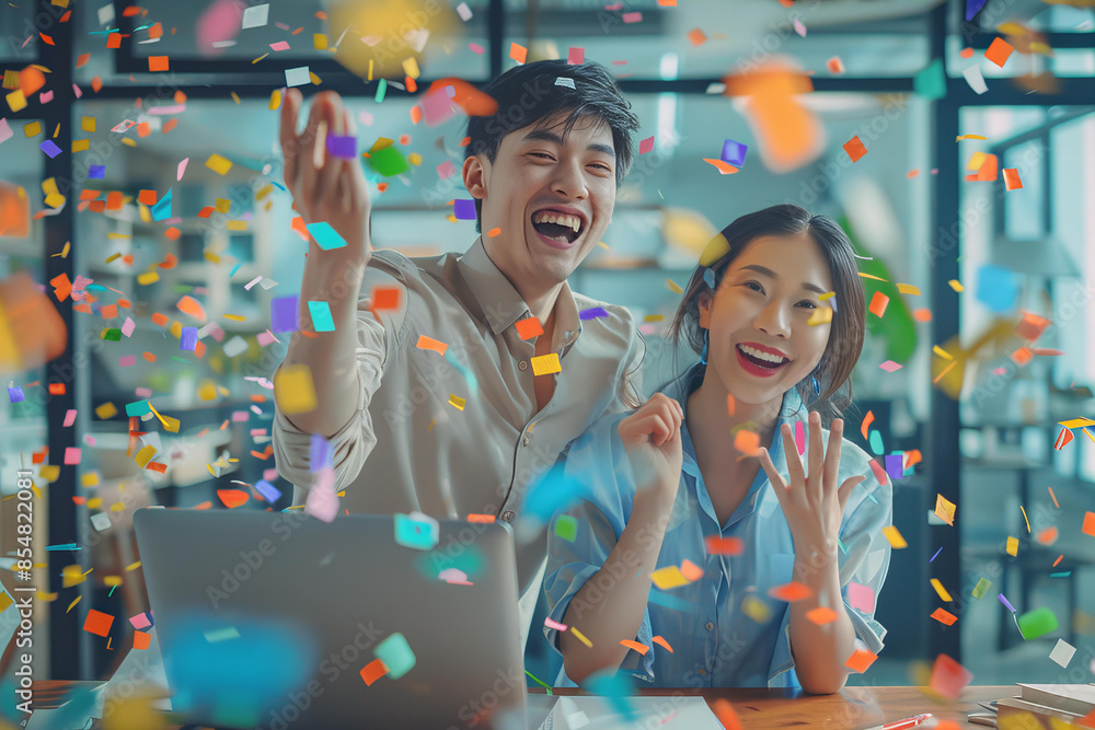 Obraz premium Cheerful Asian business people raising hands up while celebrating job achievements in startup office.